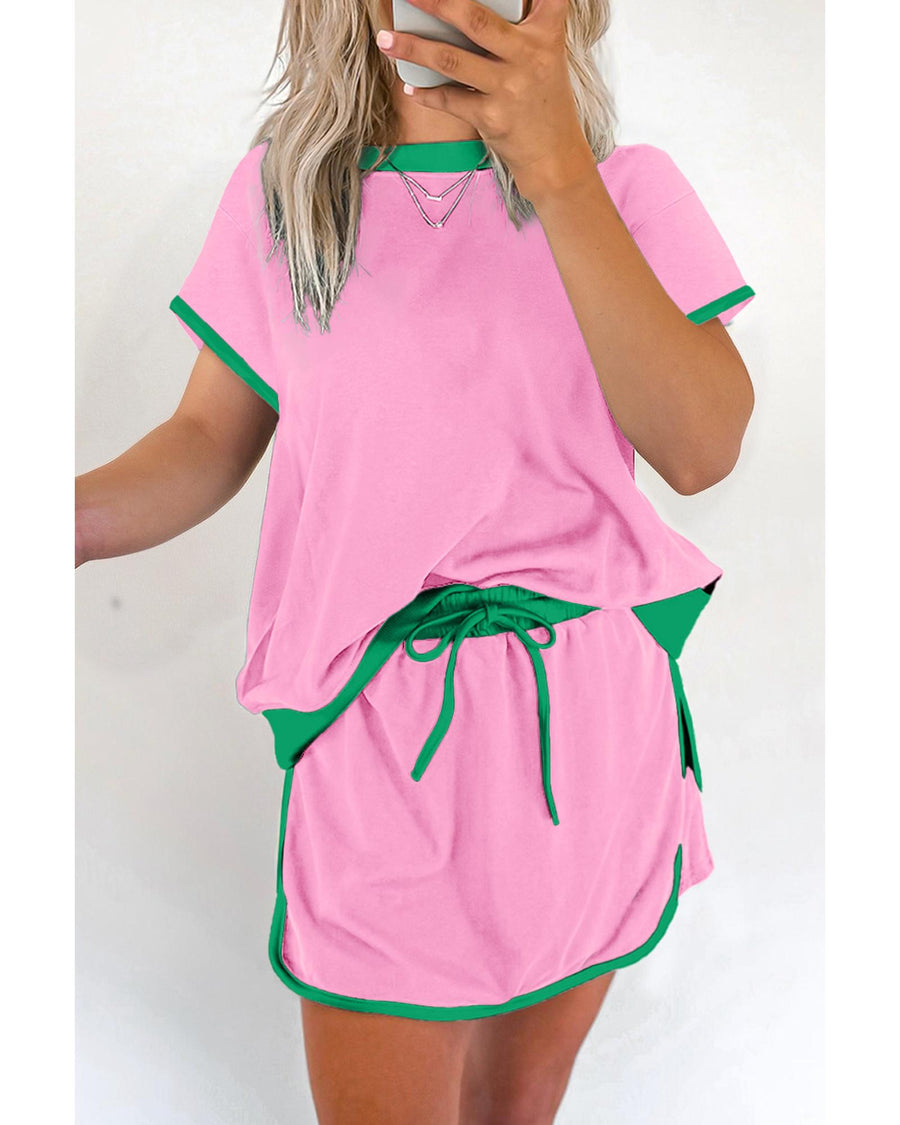 Bonbon Colorblock Edge Drop Shoulder T Shirt and Skort 2Pcs Set - M