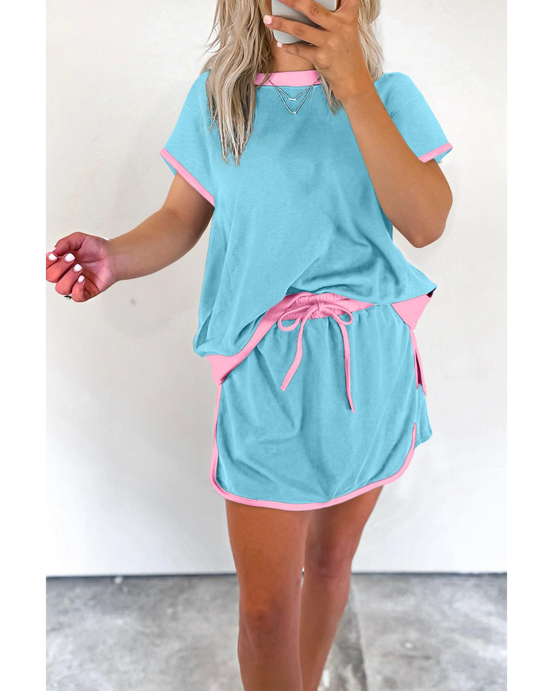 Turquoise Colorblock Edge Drop Shoulder T Shirt and Skirt 2Pcs Set - XL