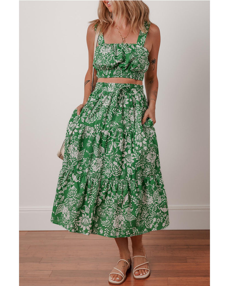 Green Floral Print Shirred Crop Top and High Waist Midi Skirt Set - M