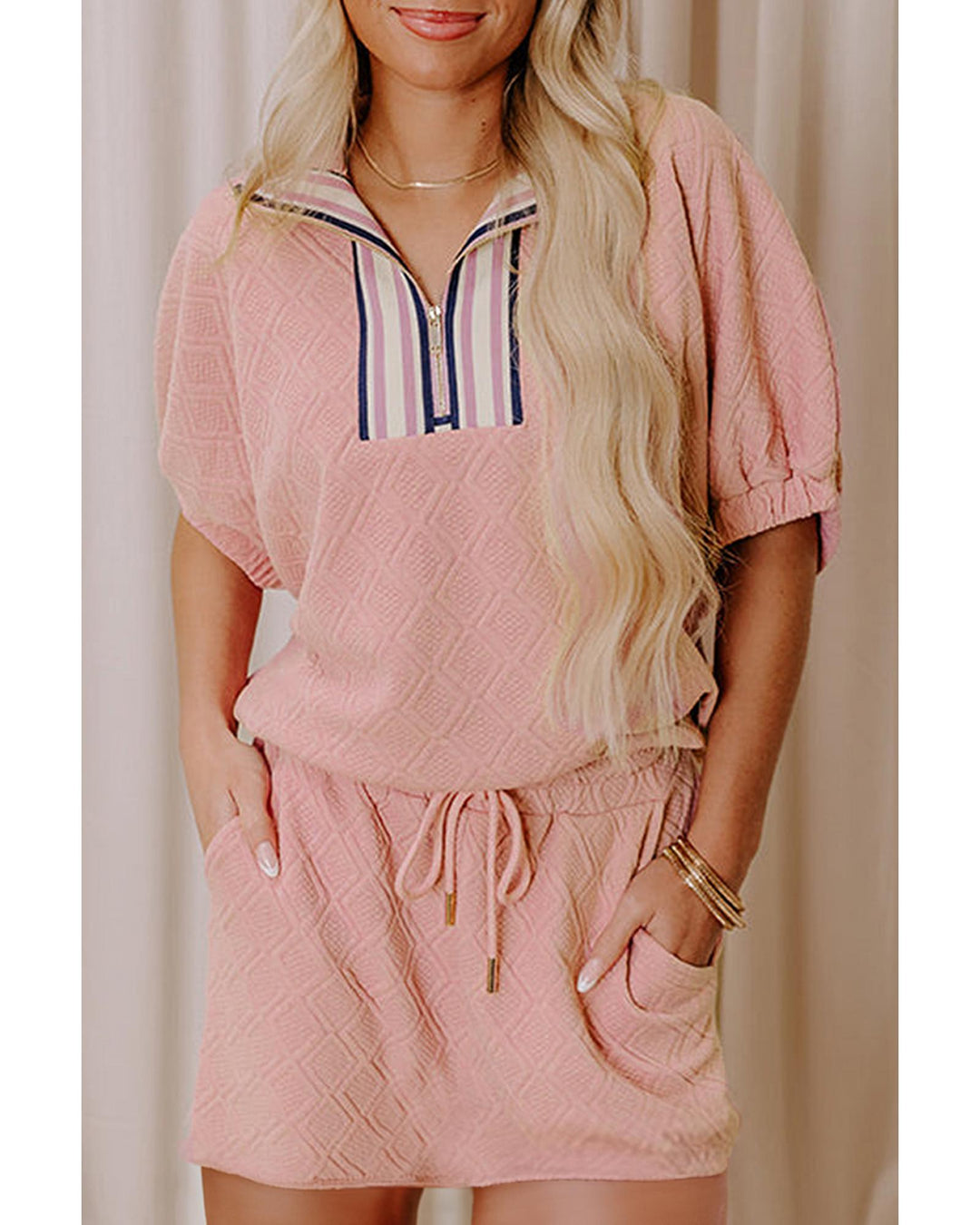 Light Pink Striped Collared Zip up Textured Skirt Set - M