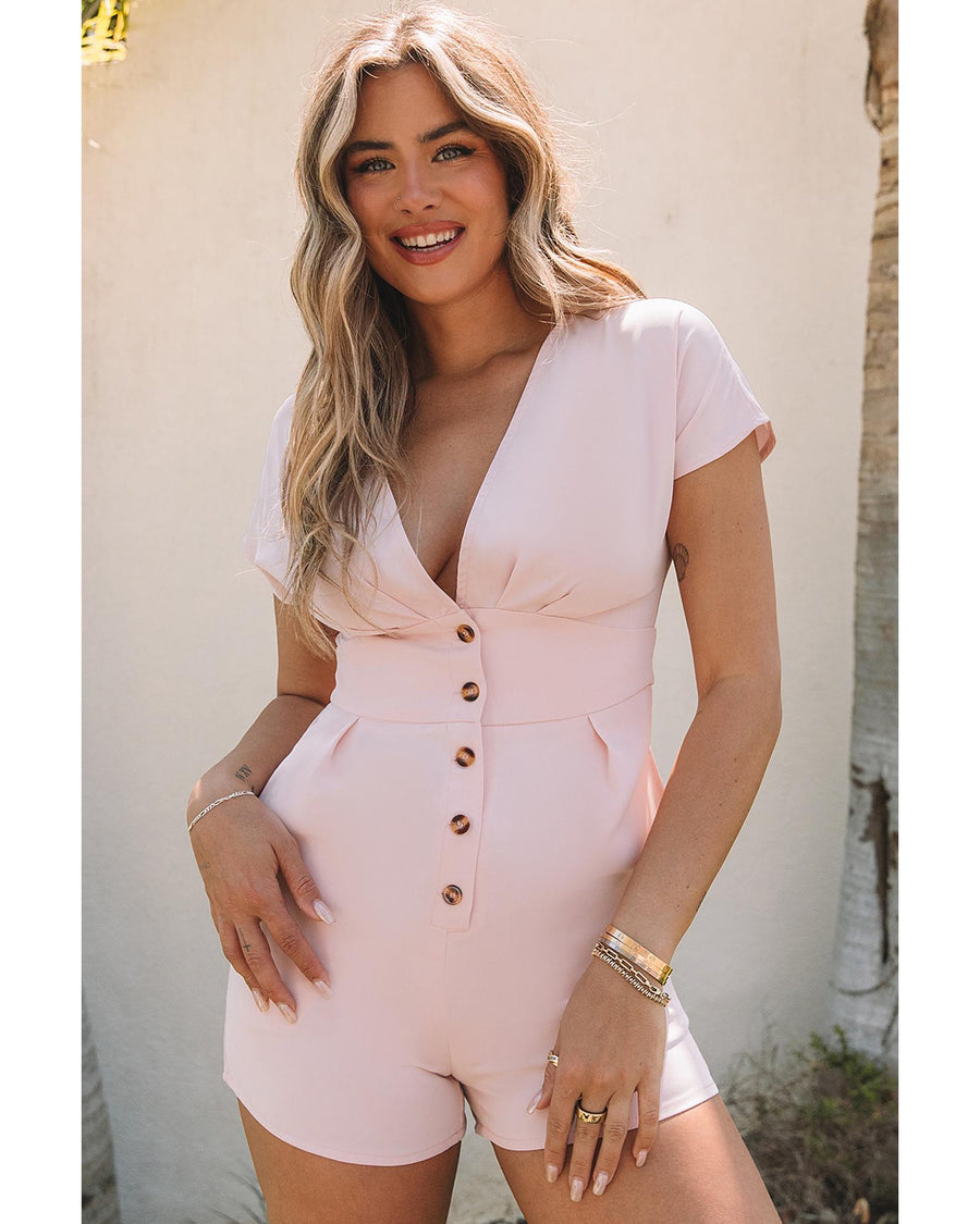 Azura Exchange Pink Deep V Neck Buttoned High Waist Romper - M