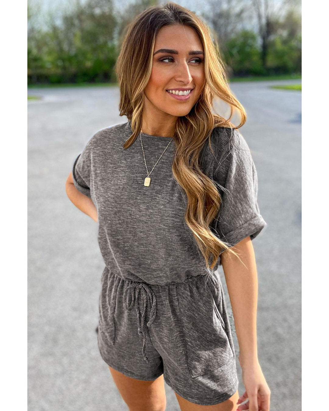 Gray Ribbed Elastic Waist Romper - M