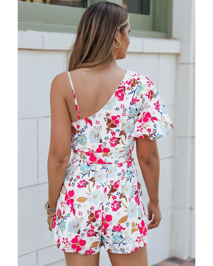 White Floral Single Bubble Sleeve Slant Shoulder Romper - L
