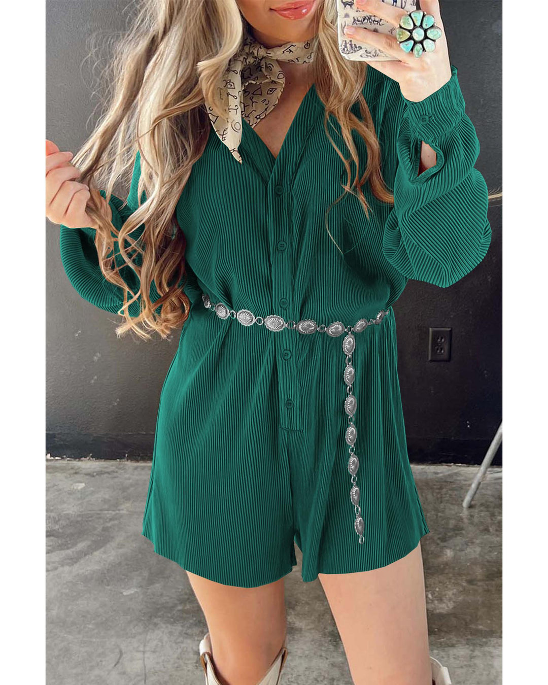 Sea Green Ribbed Long Sleeve Button Front Romper - XL