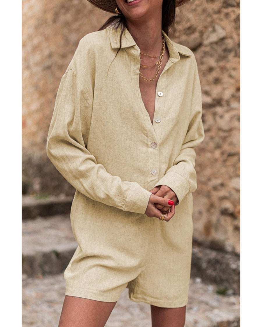 Half Button Shirt Collar Long Sleeve Loose Romper - S