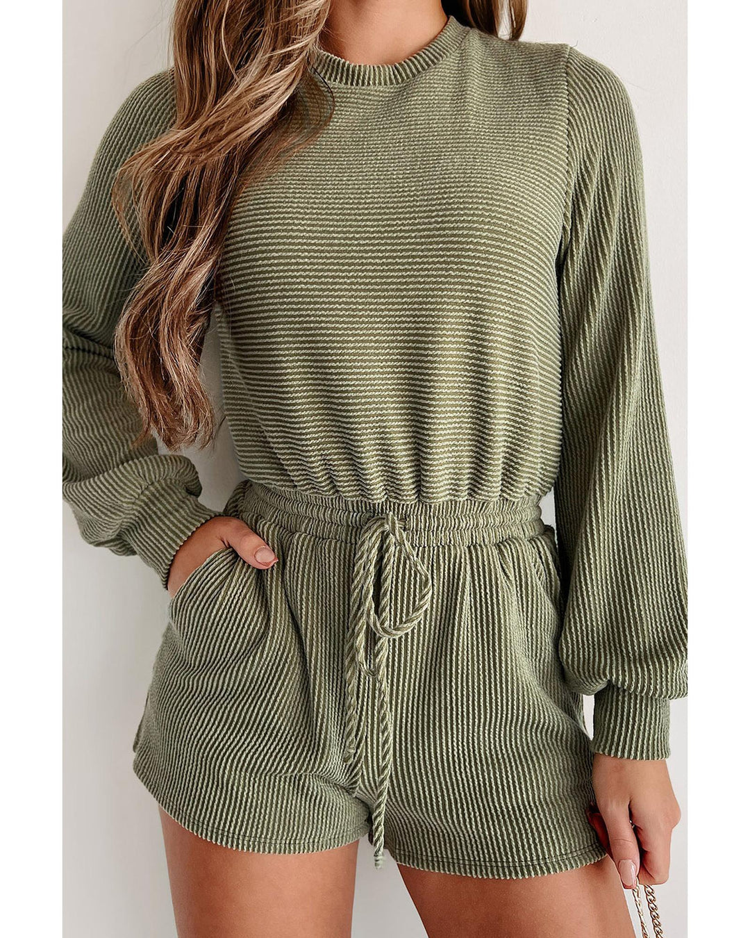 Pickle Green Corded Pullover Long Sleeve Drawstring Romper - XL