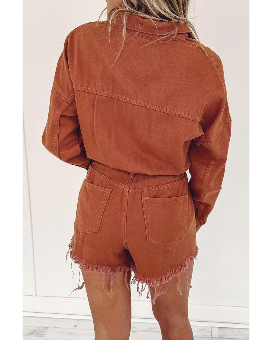 Gold Flame Long Sleeve Snap Buttons Distressed Denim Romper - XL