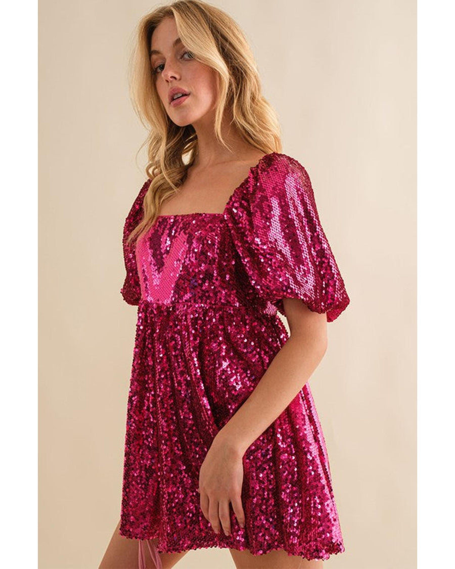 Rose Red Short Puff Sleeve Sequin Babydoll Romper - XL