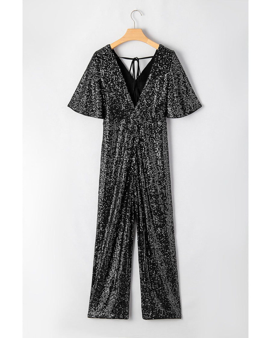 Black Sequin V Neck Flutter Sleeve Wide Leg Jumpsuit - L