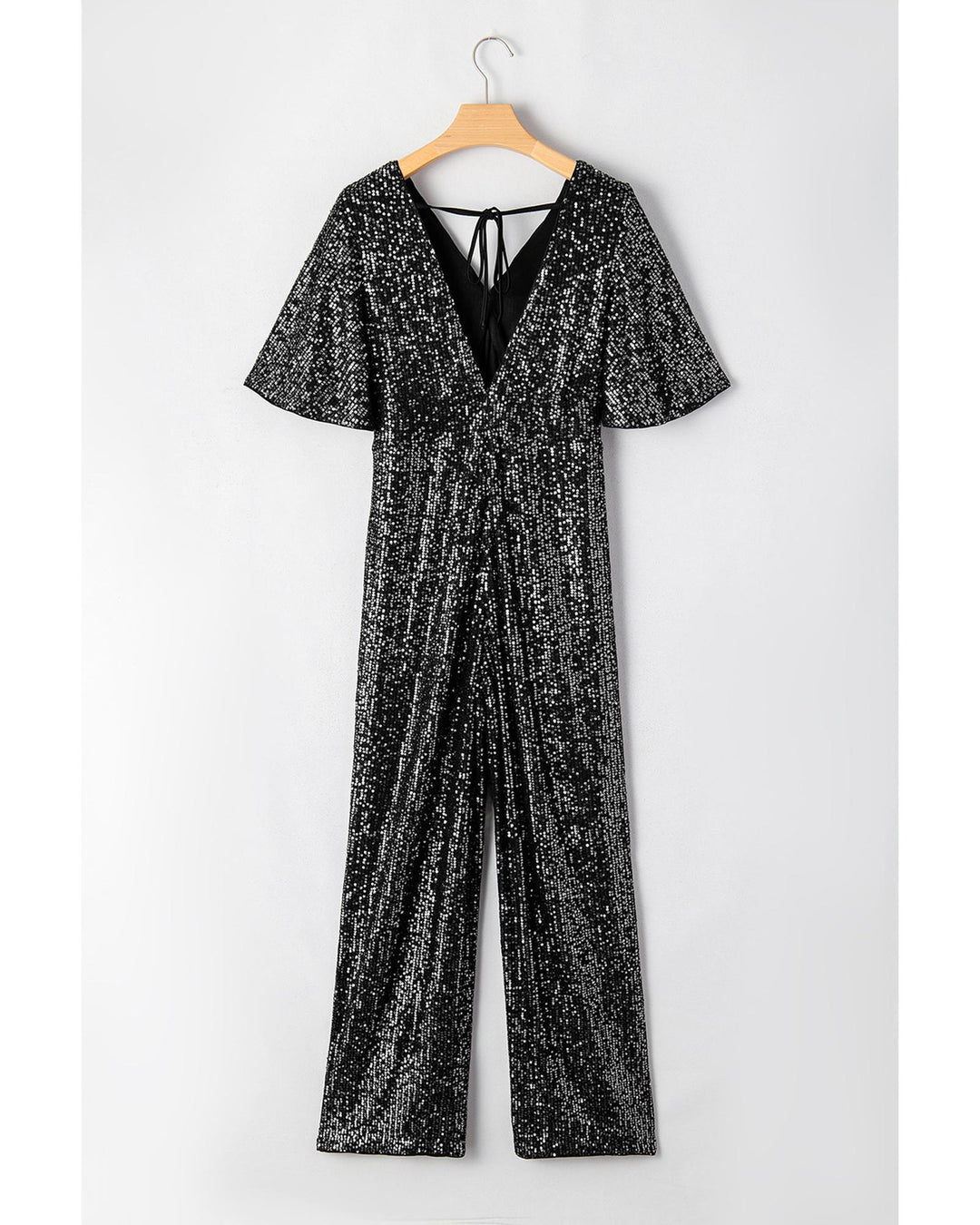 Black Sequin V Neck Flutter Sleeve Wide Leg Jumpsuit - M