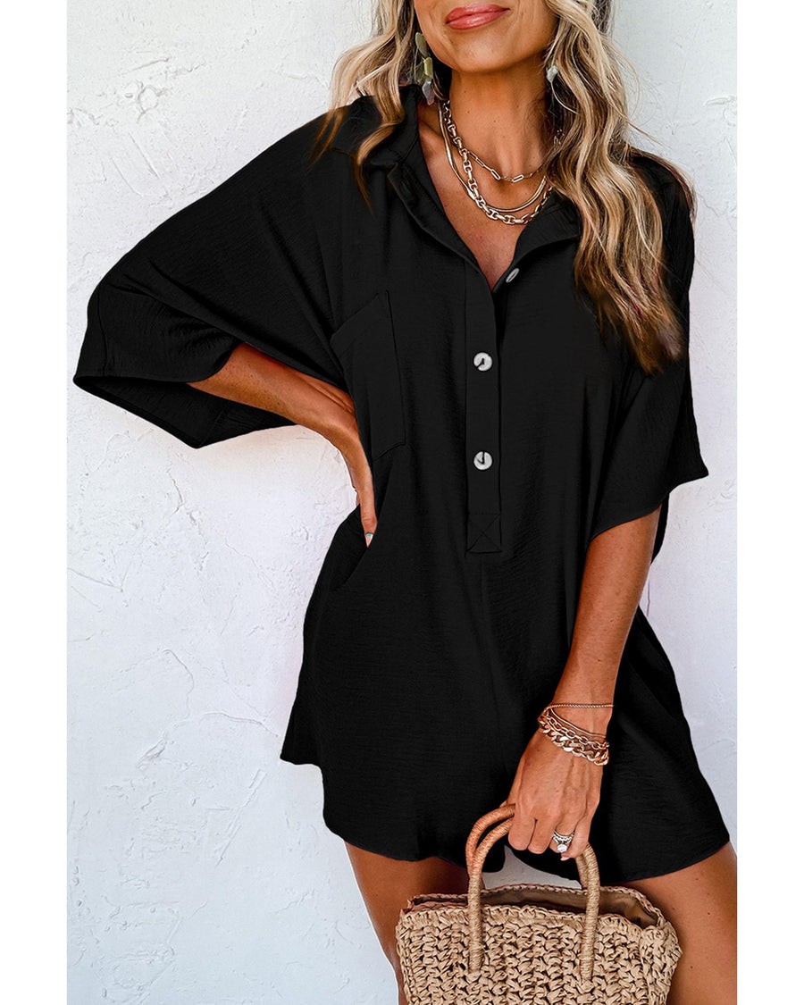 Black Half Button Collared Loose Romper - S