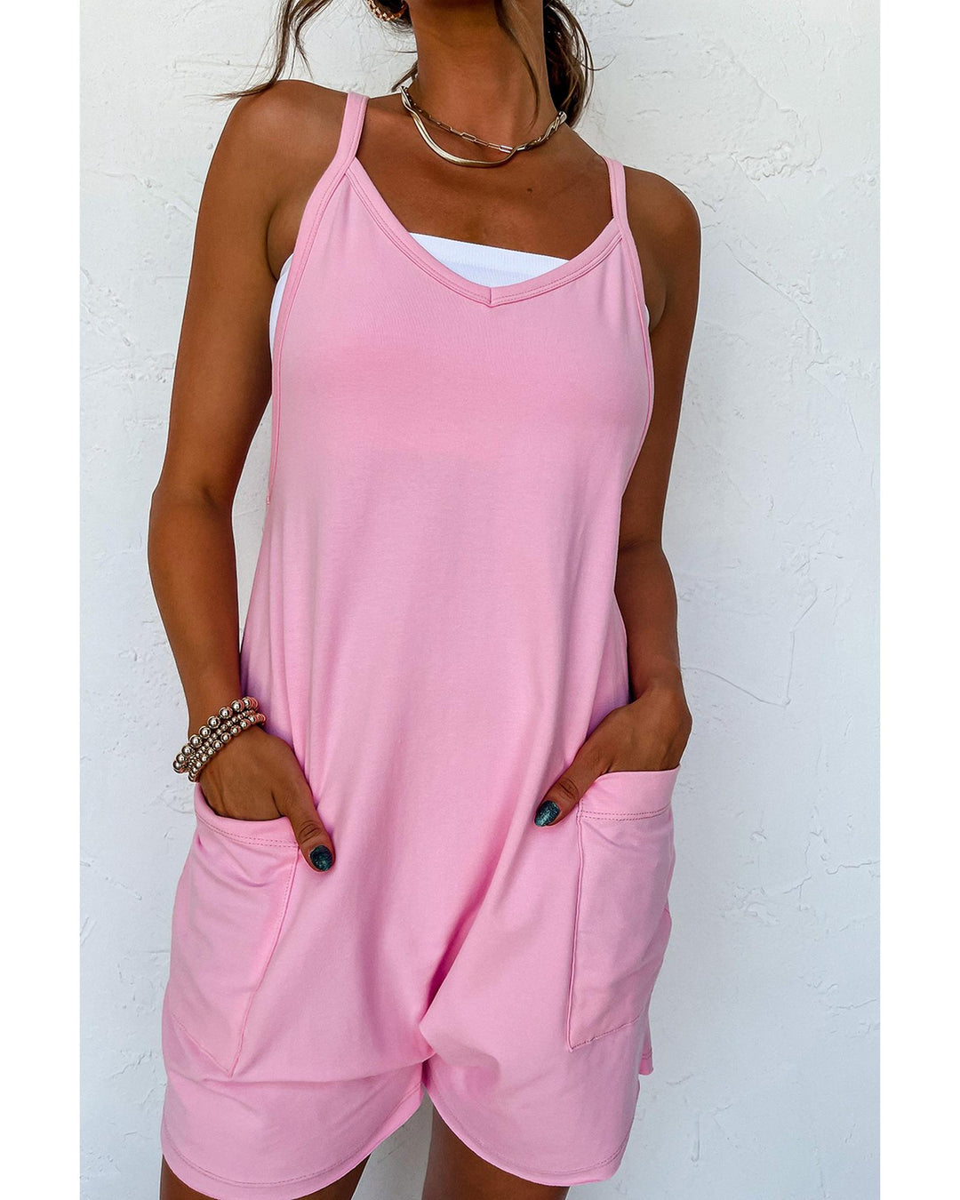 Pink Spaghetti Straps V Neck Jersey Romper - L