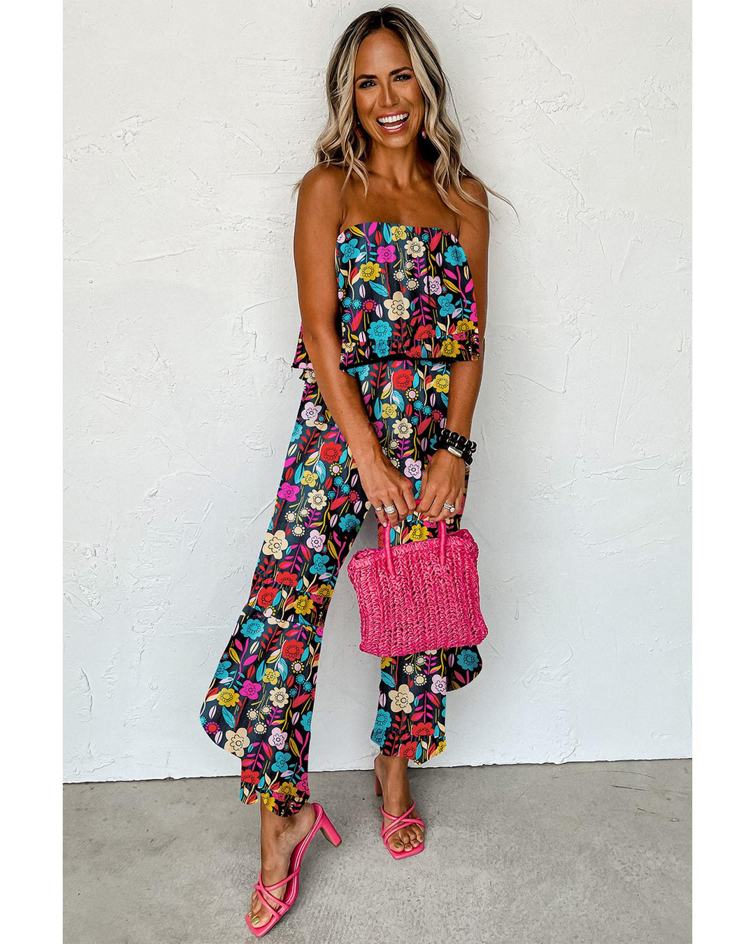 Red Mix Tropical Print Strapless Ruffled Jumpsuit - L