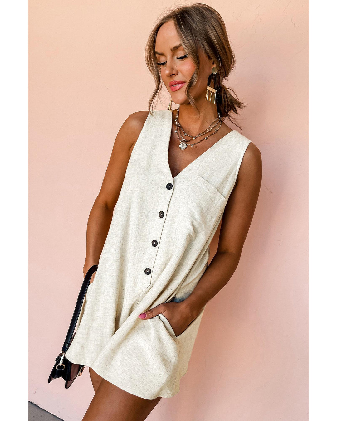 Beige Sleeveless V Neck Buttoned Front Chest Pocket Romper - XL