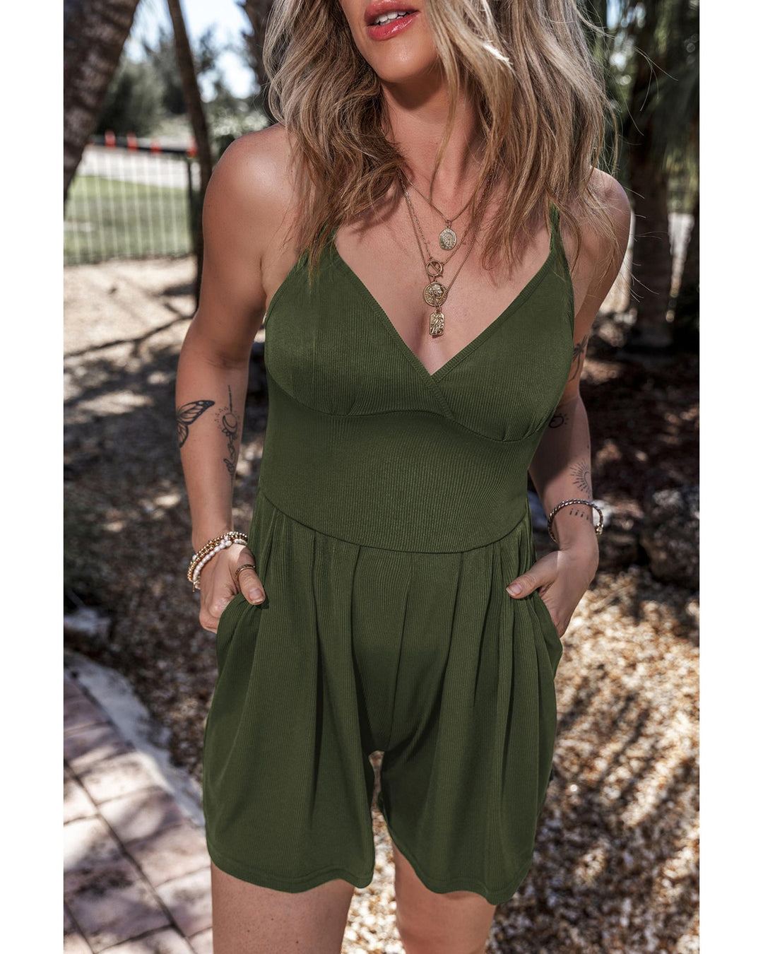 Moss Green Spaghetti Straps Cinched Waist Ribbed Romper - S