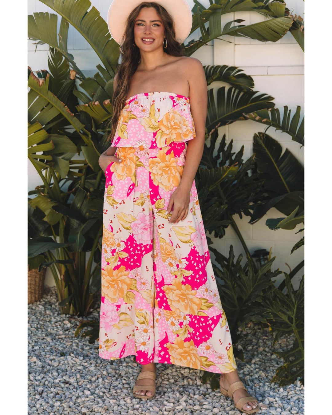 Multicolour Floral Print Ruffled High Waist Tube Top Loose Jumpsuit - L