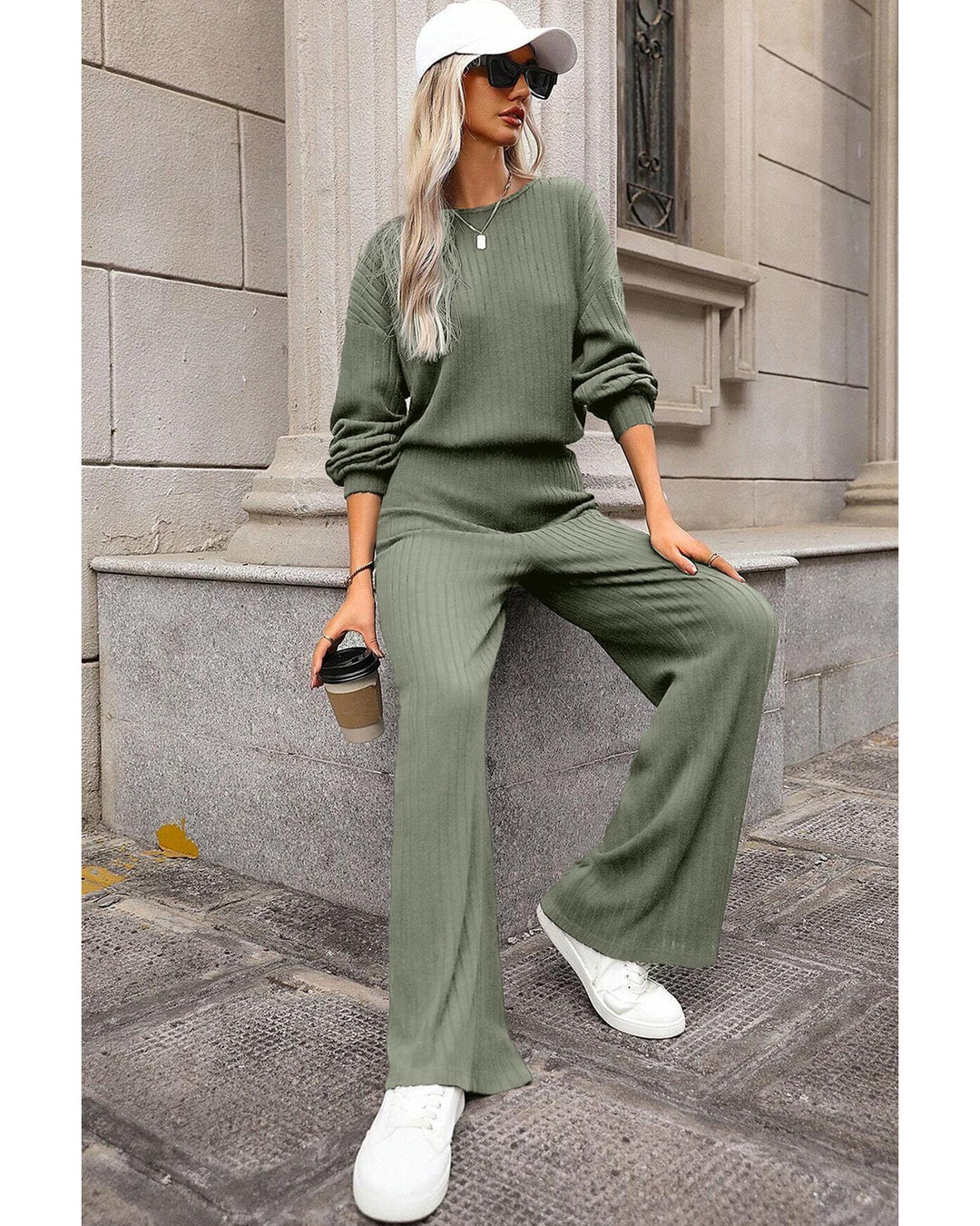 Laurel Green Solid Ribbed Knit Keyhole Back High Waist Jumpsuit - S