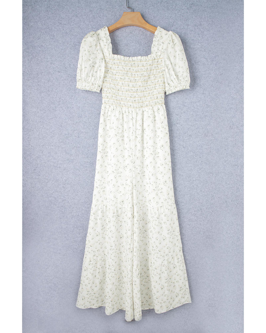 White Boho Floral Smocked Wide Leg Short Puff Sleeve Jumpsuit - L