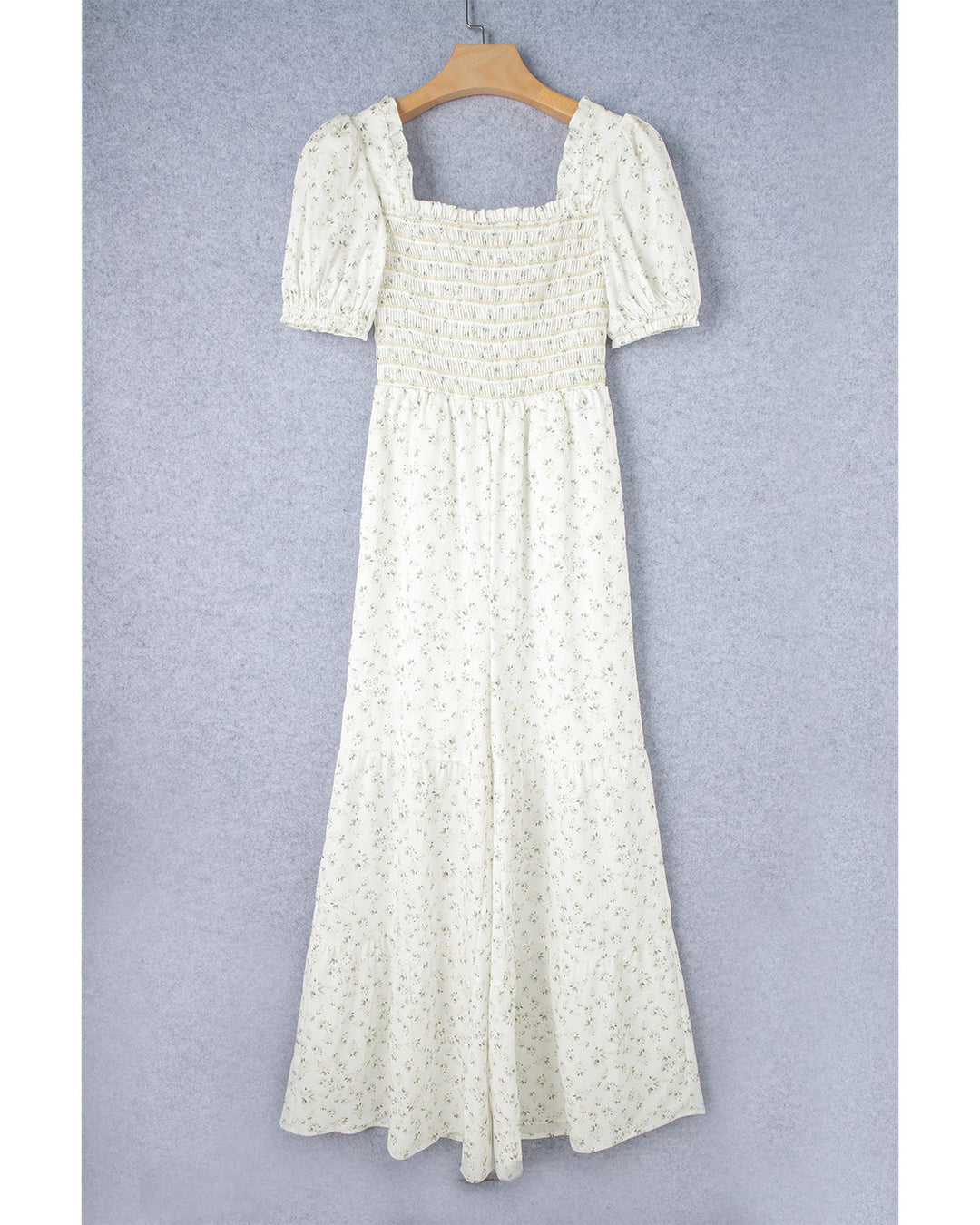 White Boho Floral Smocked Wide Leg Short Puff Sleeve Jumpsuit - XL