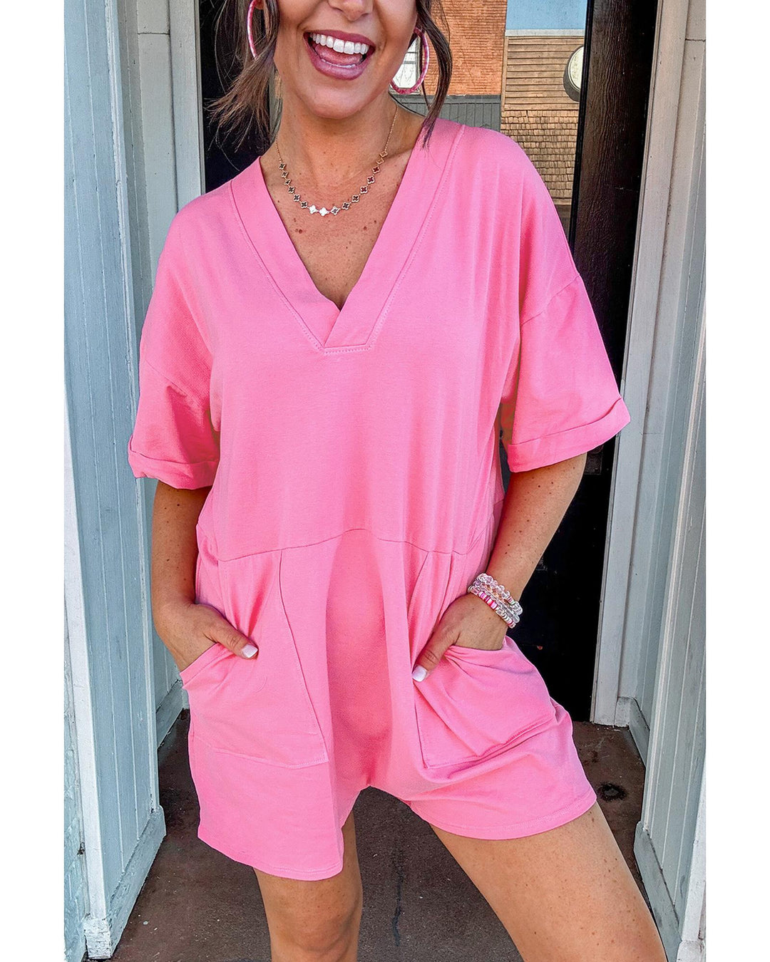 Bonbon Loose Half Sleeve V Neck Knit Romper - XL
