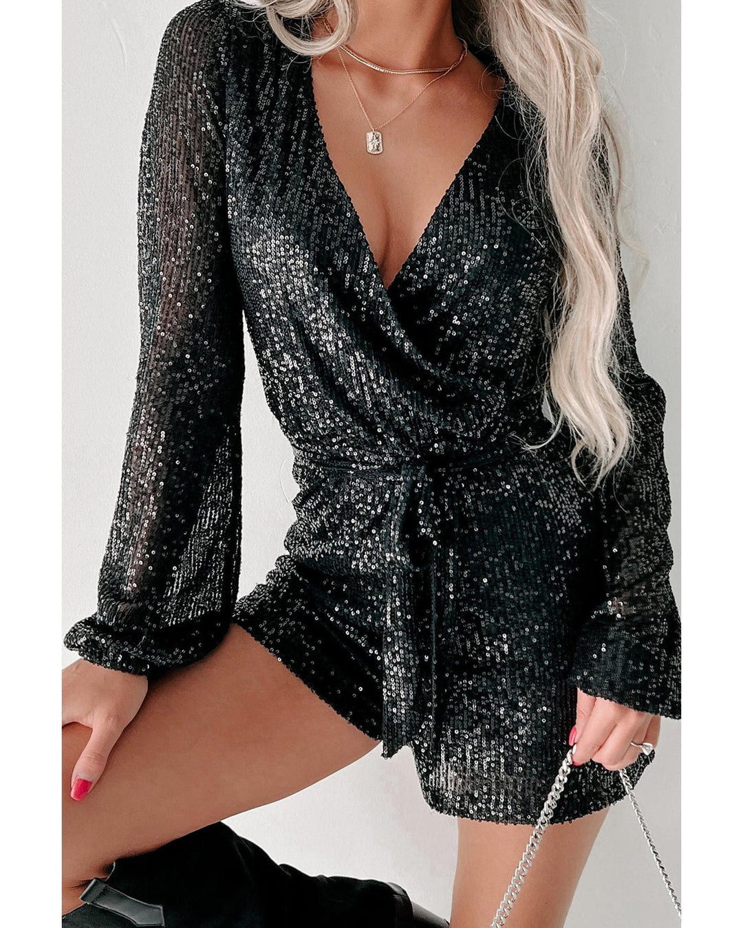 Black Sequined V Neck Wrapped Long Sleeve Romper - S
