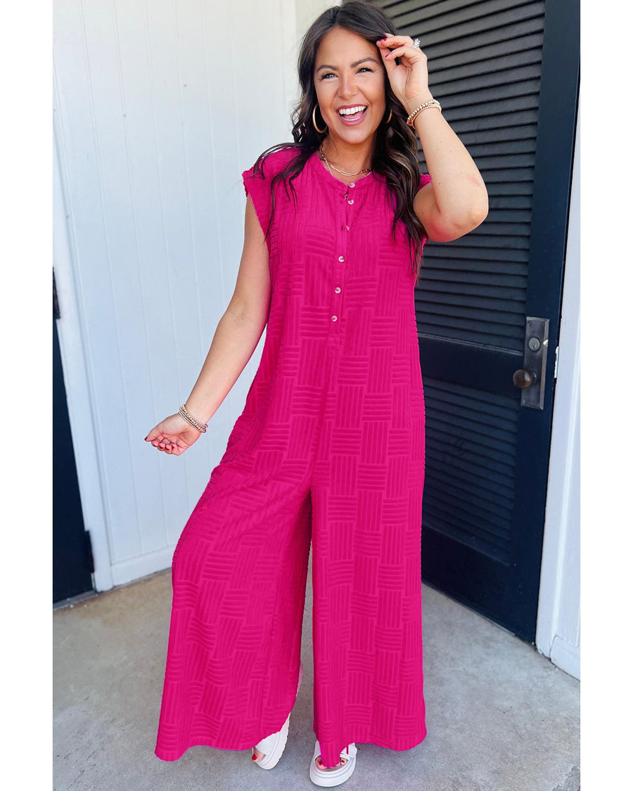 Bright Pink Terry Textured Sleeveless Button Front Wide Leg Jumpsuit - M