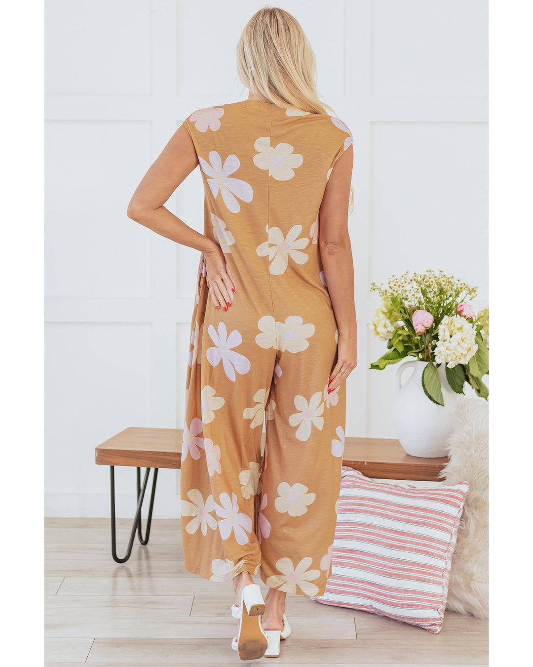 Khaki Floral Print Sleeveless Button up Wide Leg Loose Jumpsuit - M