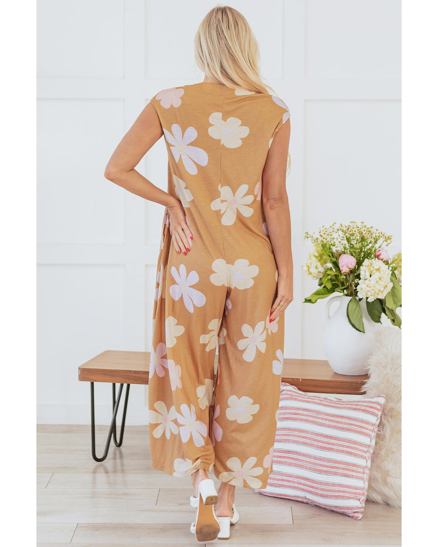Khaki Floral Print Sleeveless Button up Wide Leg Loose Jumpsuit - S
