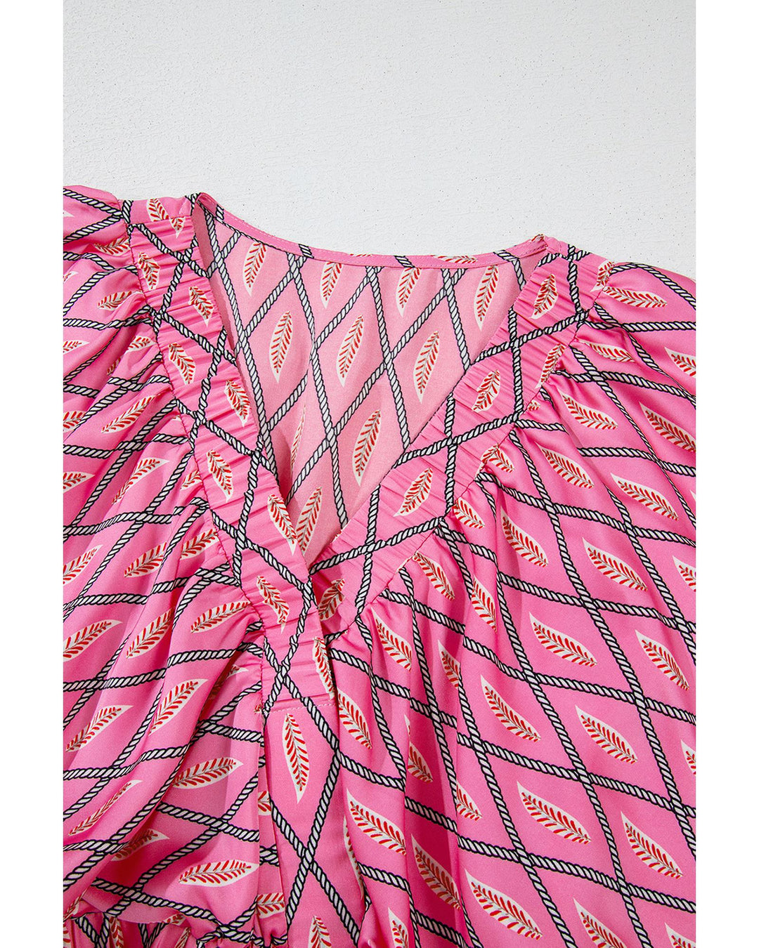 Pink Paisley Geometric Print V Neck High Waist Romper - L