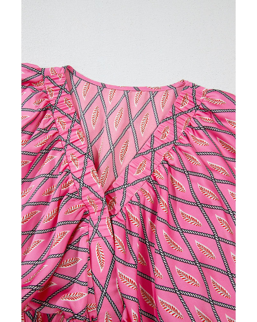 Pink Paisley Geometric Print V Neck High Waist Romper - S