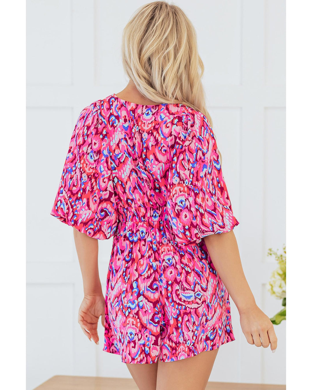 Pink Abstract Print Puff Sleeve V Neck High Waist Romper - XL