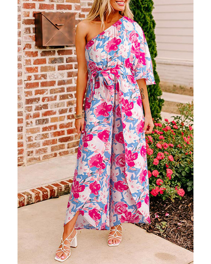 Pink Floral Print Asymmetrical Neckline Single Shoulder Drape Sleeve Belted Jumpsuit - S