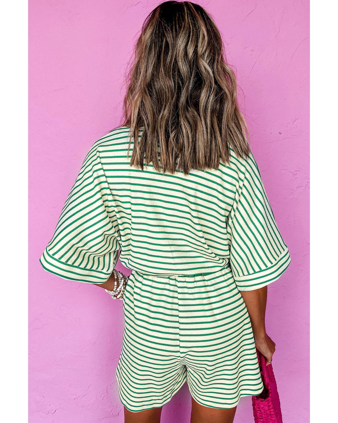 Green Stripe Textured Short Sleeve Collared Buttoned Waist Tie Romper - L