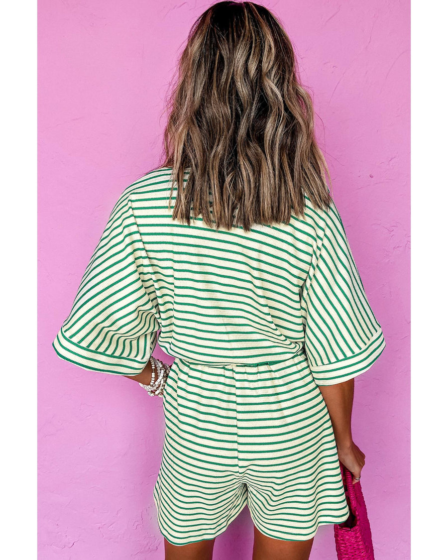 Green Stripe Textured Short Sleeve Collared Buttoned Waist Tie Romper - XL