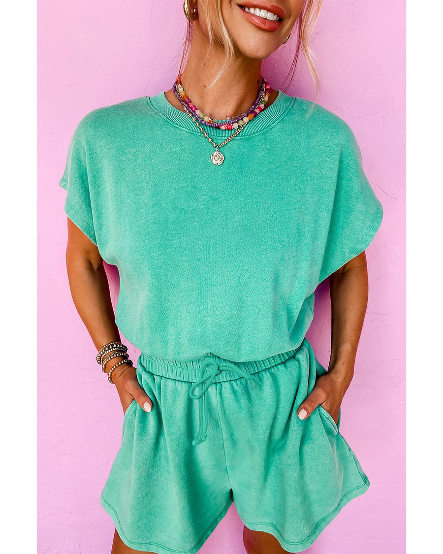 Sea Green Mineral Wash Drawstring Waist Hollow Out Back Short Sleeve Romper - XL