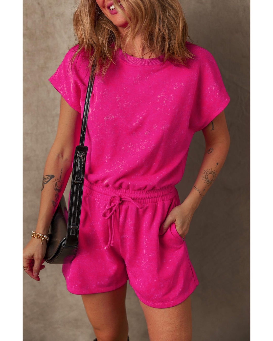 Rose Red Mineral Wash Drawstring Waist Hollow Out Back Short Sleeve Romper - XL