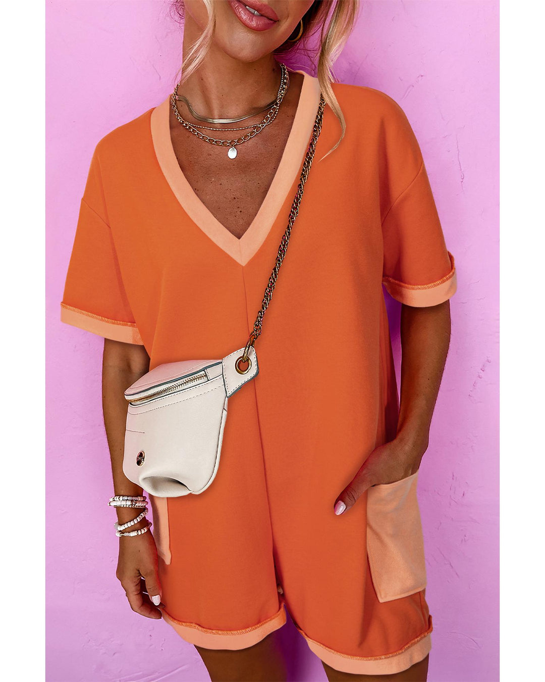 Russet Orange Two-tone Short Sleeve V Neck Patched Pocket Loose Romper - M