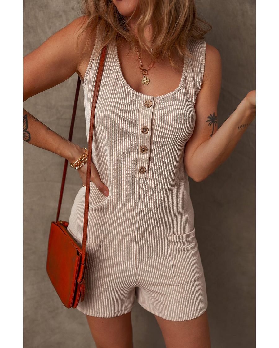 Parchment Corded Knit Side Pockets Buttoned Sleeveless Romper - M