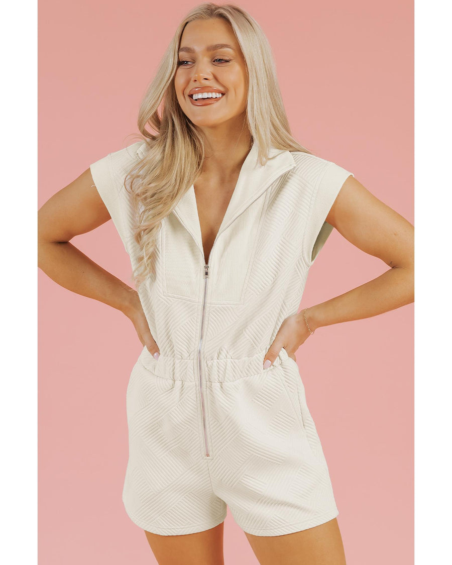 Jet Stream Textured Zipped Front V Neck Collared Casual Romper - M