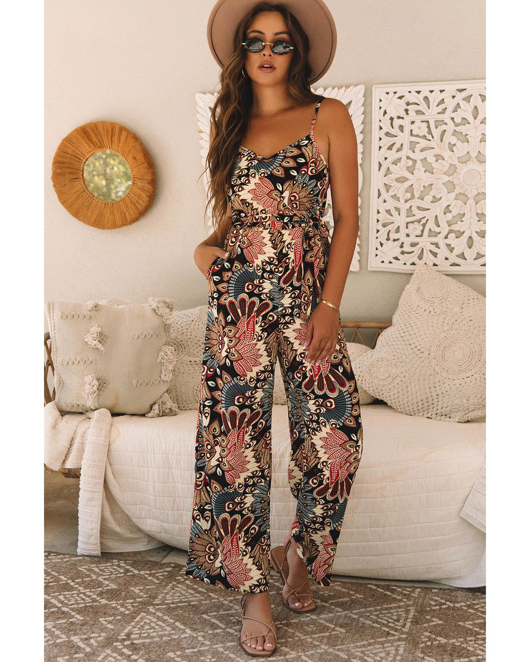 Black Floral Print Belted Sleeveless Wide Leg Jumpsuit - XL