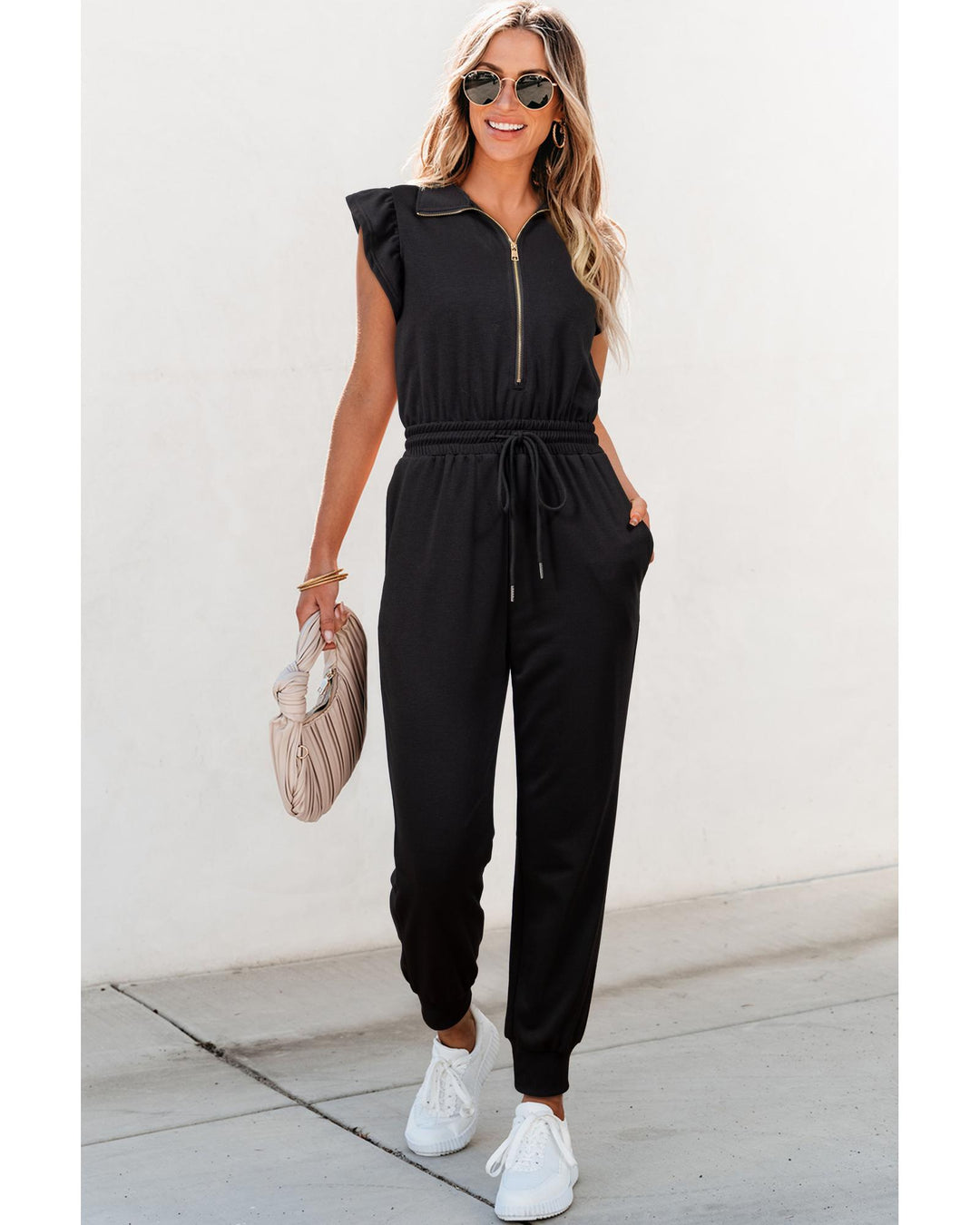 Black Zipper Flutter Sleeve Drawstring High Waist Jumpsuit - S
