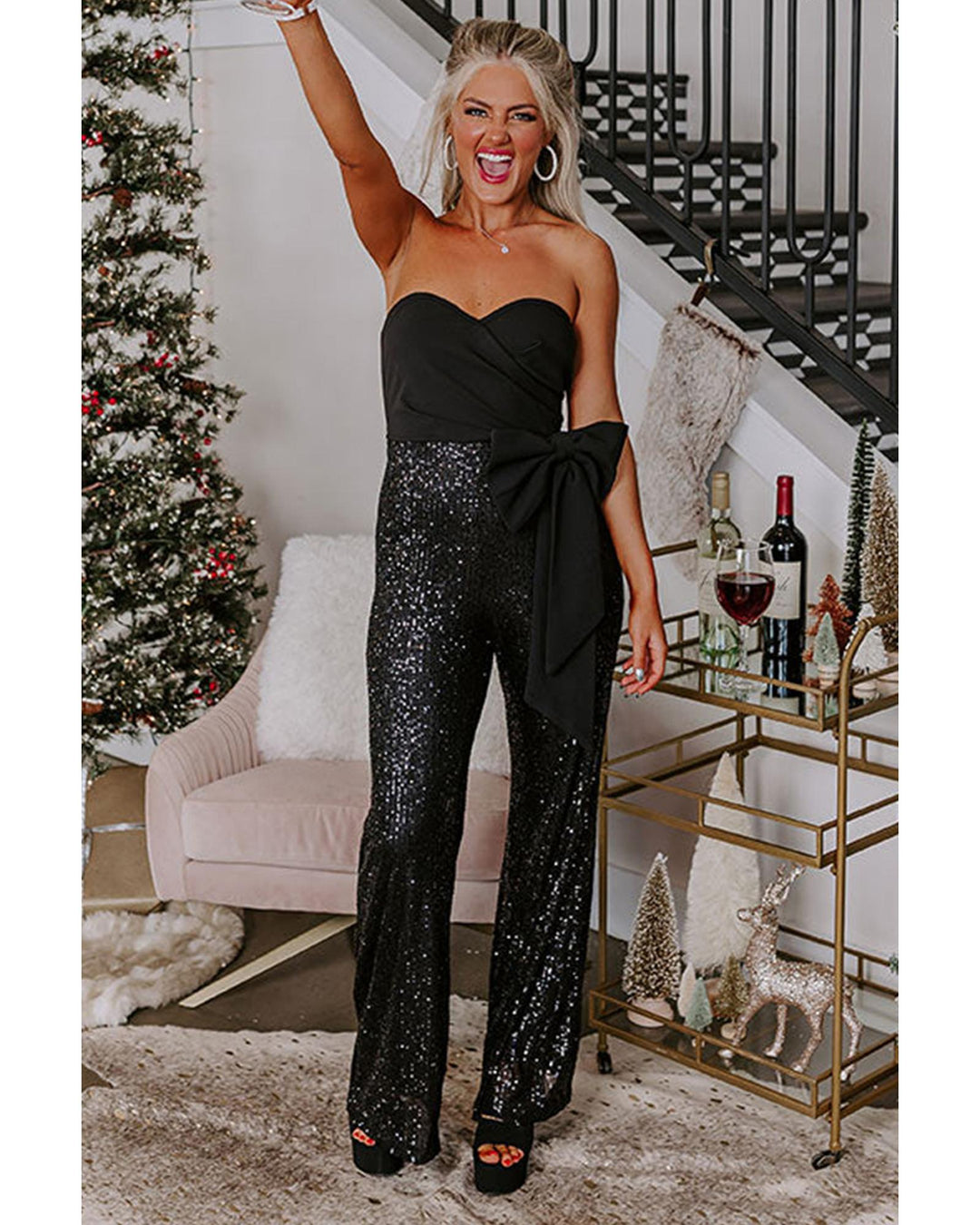 Black Sequined Tube Top Waist Knot Wide Leg Jumpsuit - L