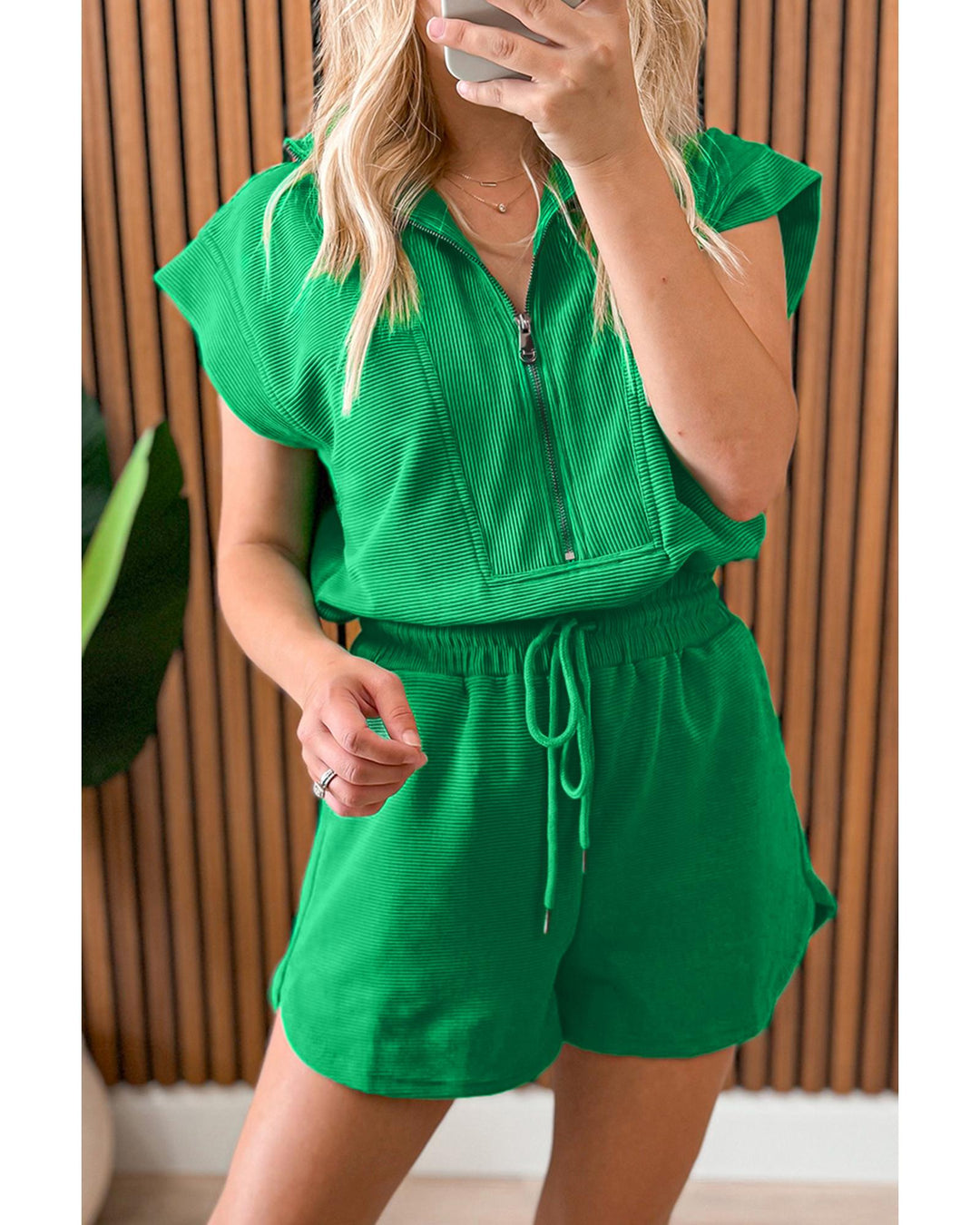 Bright Green Textured Short Sleeve Half Zip Drawstring Waist Romper - M
