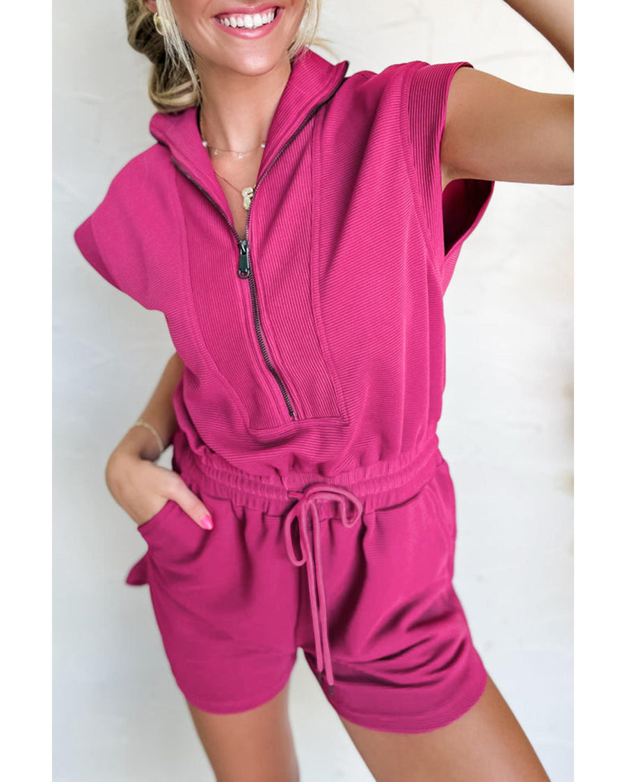 Rose Red Textured Short Sleeve Half Zip Drawstring Waist Romper - M