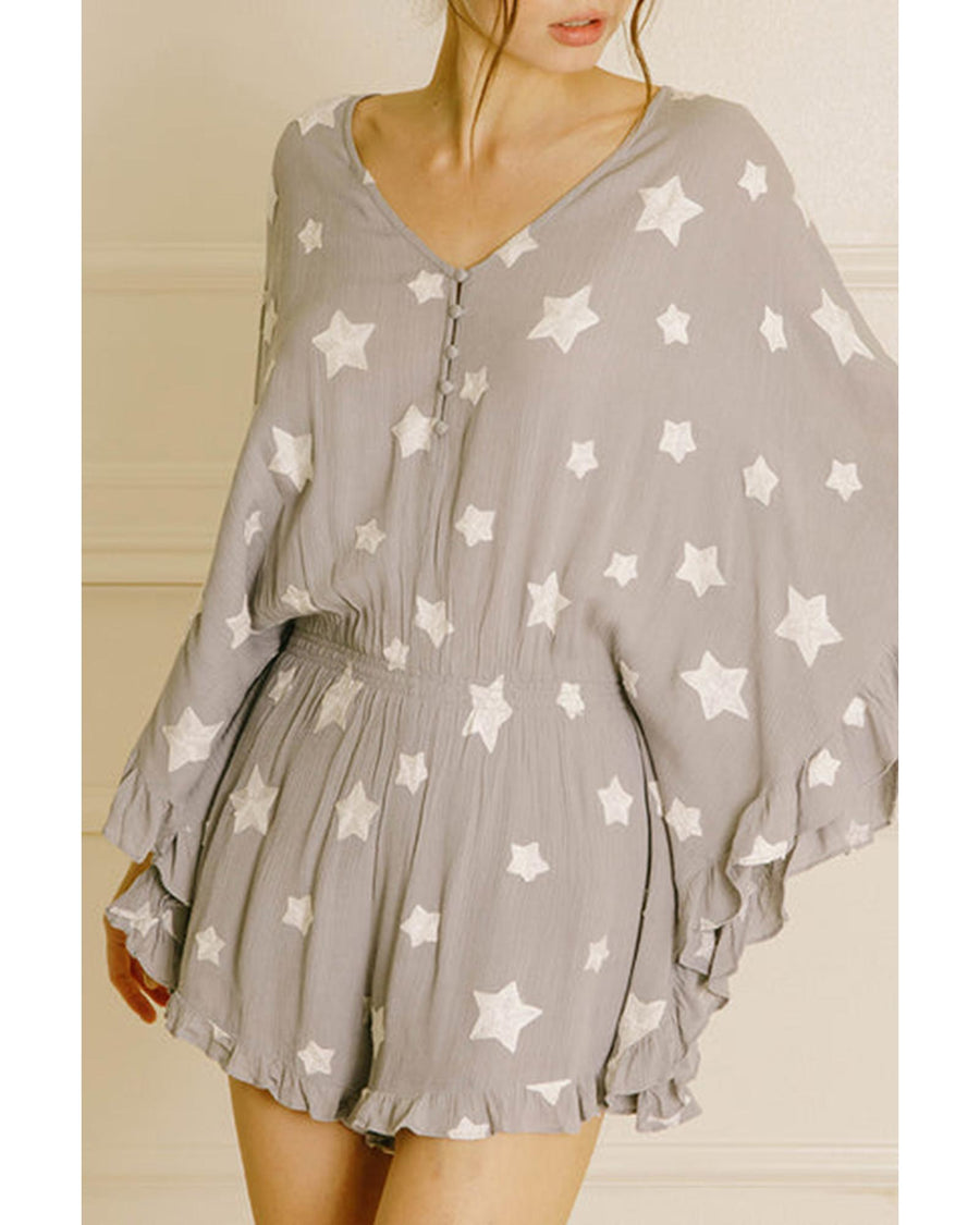 Gray Star Print Crinkle Textured Kimono Ruffle Sleeve Romper - XL