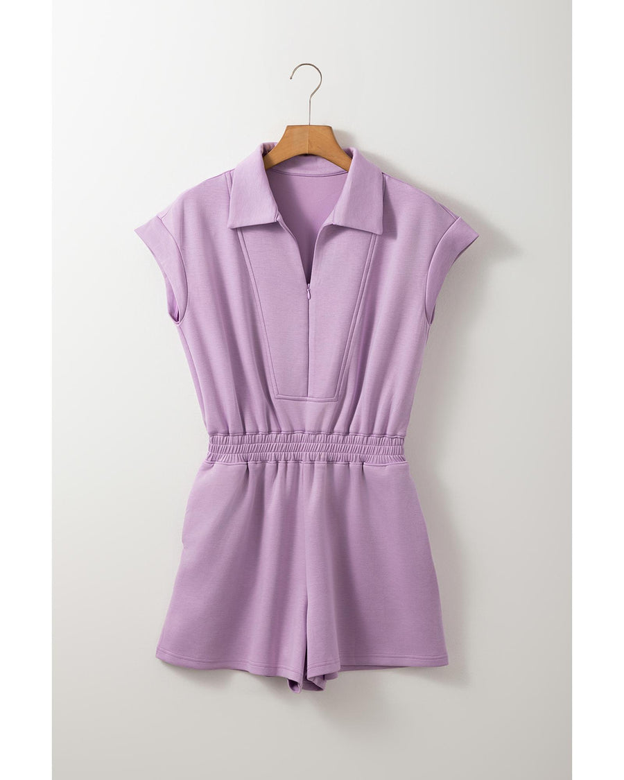 Orchid Bouquet Short Sleeve Zipper Collared Elastic High Waist Romper - XL