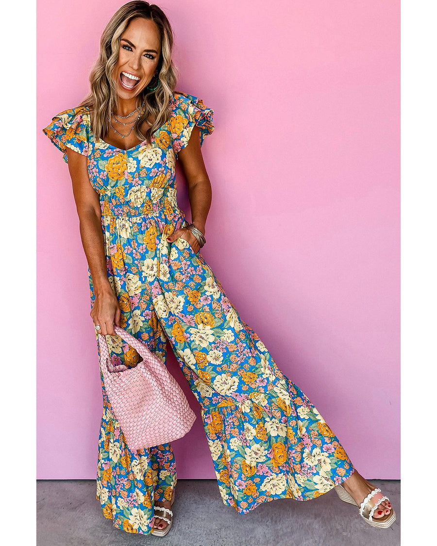 Yellow Floral Allover Print Shirred Cut Out High Waist Jumpsuit - S