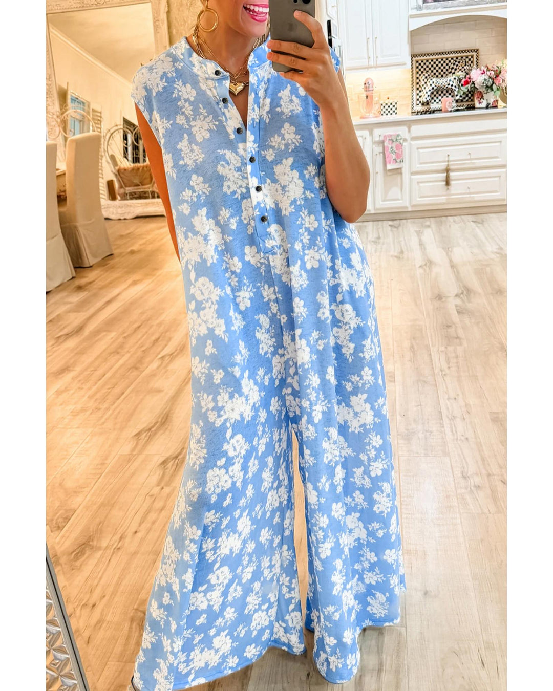 Myosotis Floral Print Half Button Wide Leg Relaxed Sleeveless Jumpsuit - M