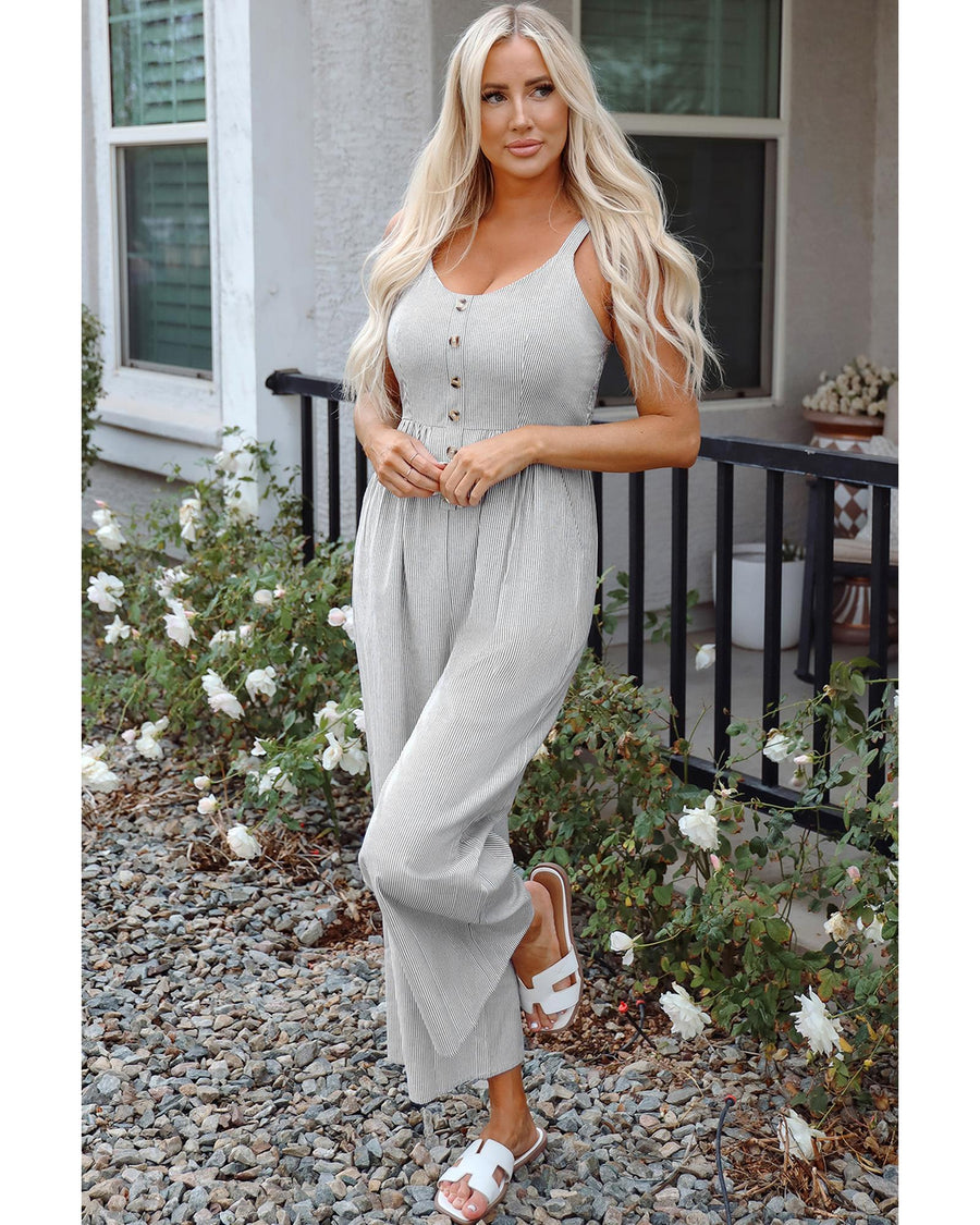 Black Stripe Half Buttoned Sleeveless Wide Leg Jumpsuit - L