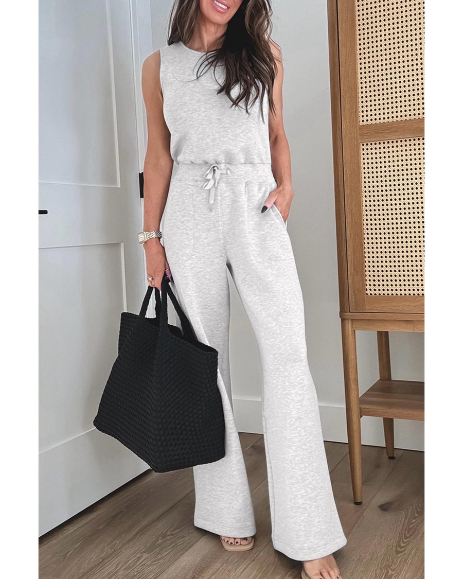 Light Grey Solid Color Crew Neck Drawstring High Waist Sleeveless Jumpsuit - XL